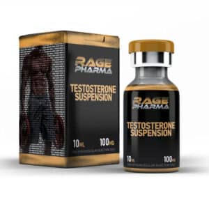 Picture of a box containing a 10ml vial of testosterone suspension 100mg